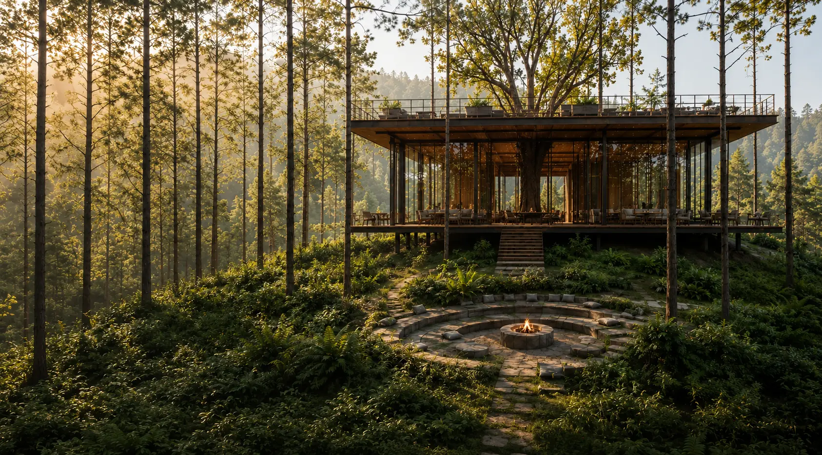 Claro entre los árboles con un círculo de fuego y arquitectura ligera