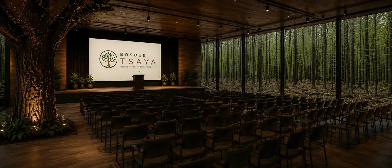 Sala de encuentros de madera abierta visualmente hacia el bosque