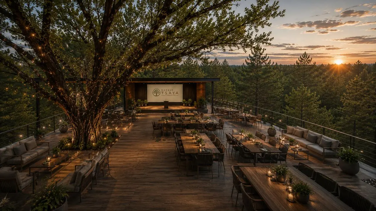 Terraza entre árboles preparada para una reunión al atardecer